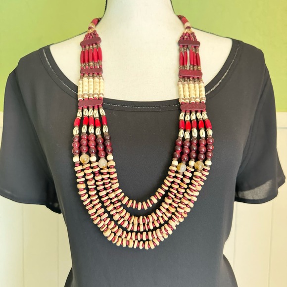 Chico’s Cherry-Colored Bib Necklace Beaded Tribal Boho Tropic Vaca Statement - Picture 3 of 14